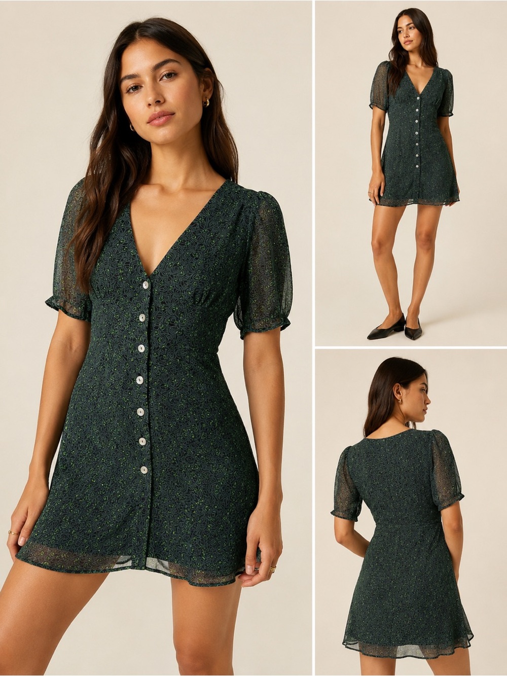 Aritzia Wilfred New Button Front Mini Dress | Dark Green Print/Size 0 Minimalist